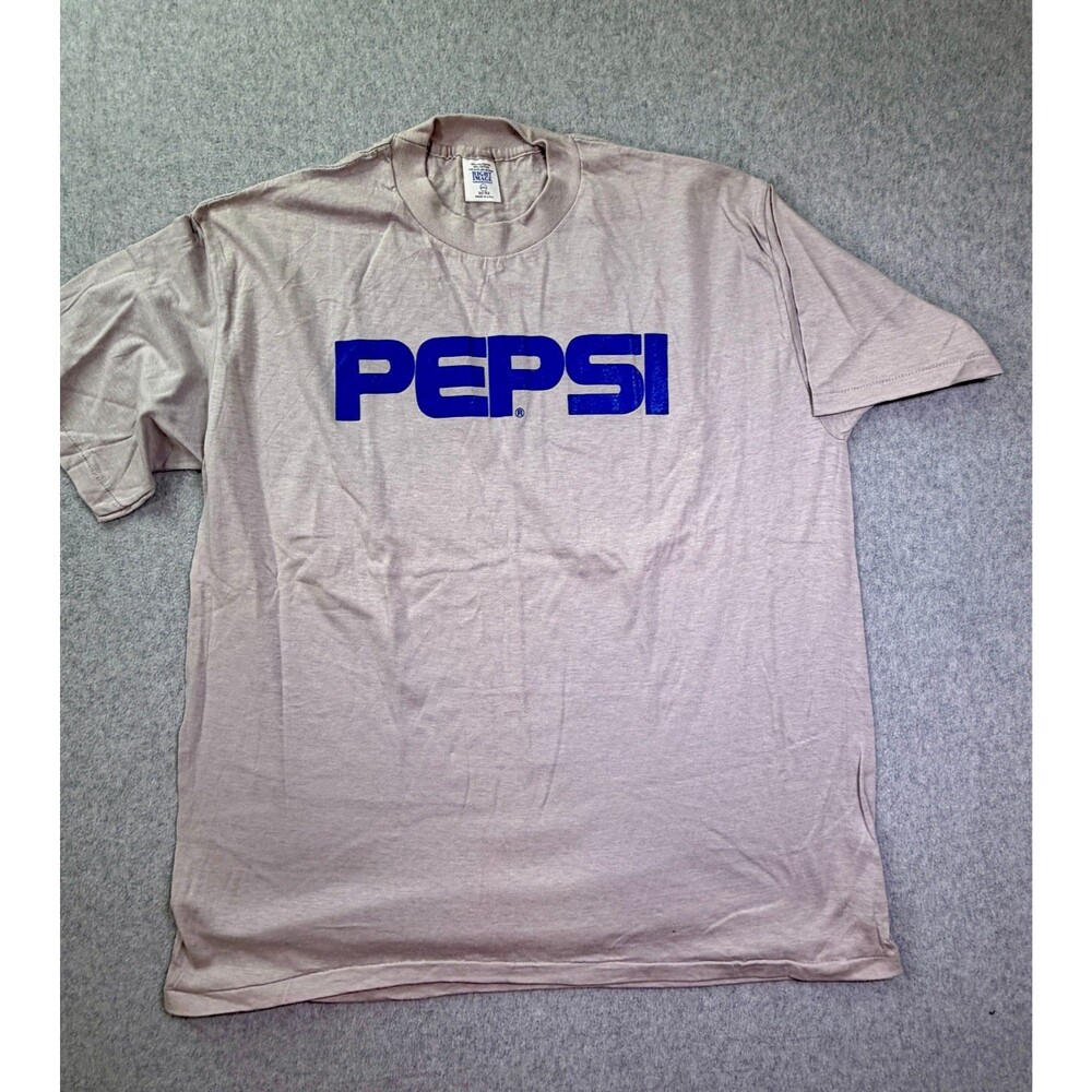Vintage Right Image Pepsi Graphic T-Shirt Tan Blue Logo XXL Made in USA
